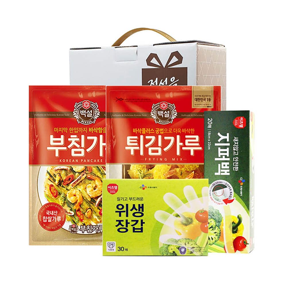 CJ부침가루,CJ튀김가루,CJ지퍼백(소),CJ위생장갑 4종세트