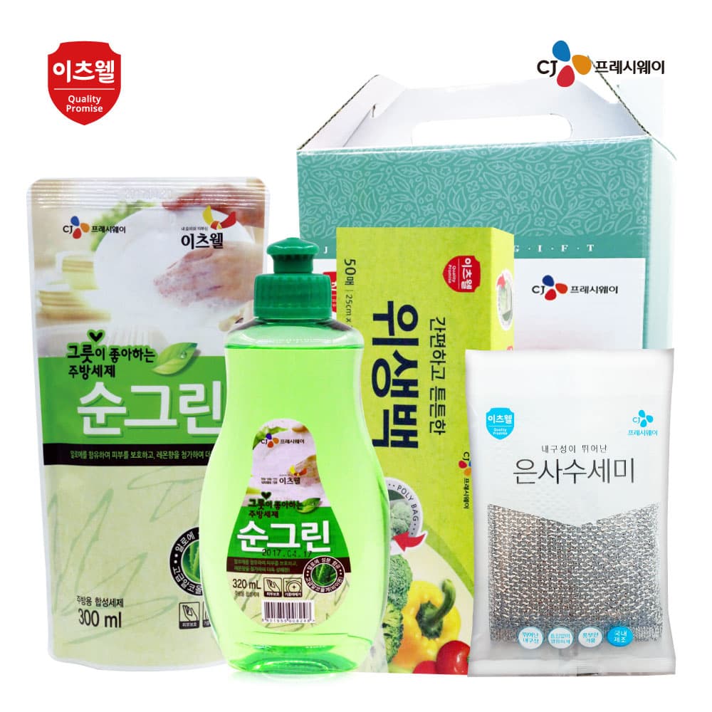 CJ이츠웰 순그린(320용기),순그린(300리필),위생백,수세미 4종세트 00675