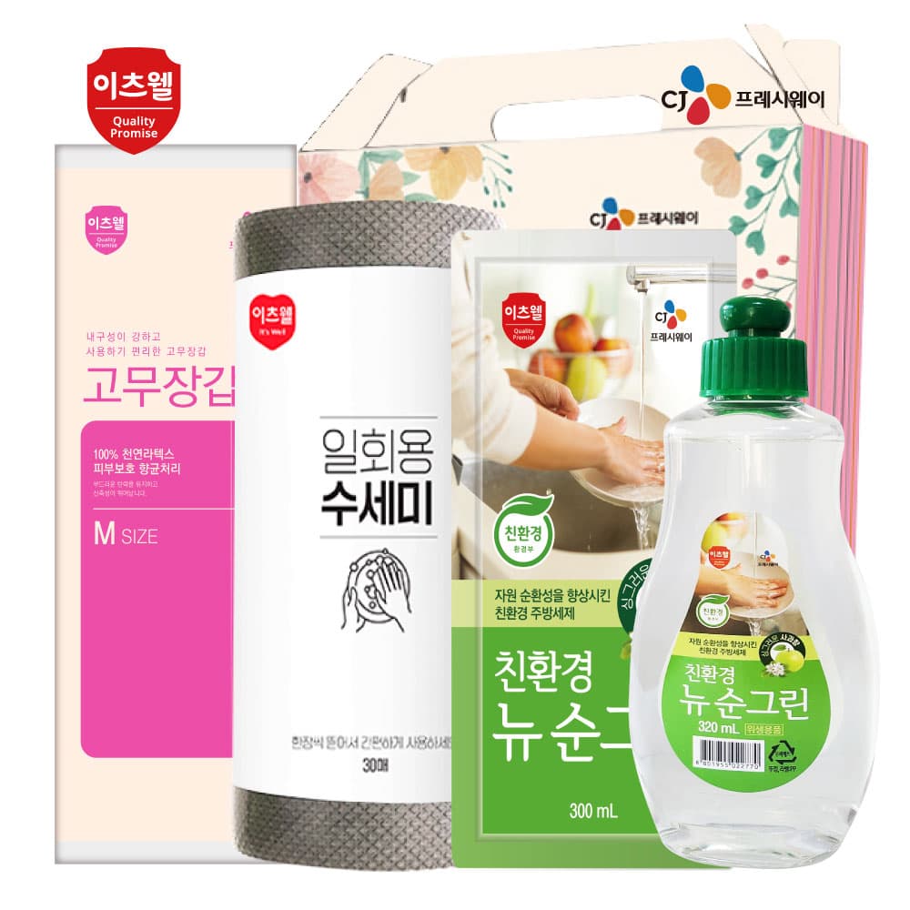 CJ뜯어쓰는수세미30매,친환경 뉴순그린320ml(용기),친환경 뉴순그린(리필),고무장갑 4종세트