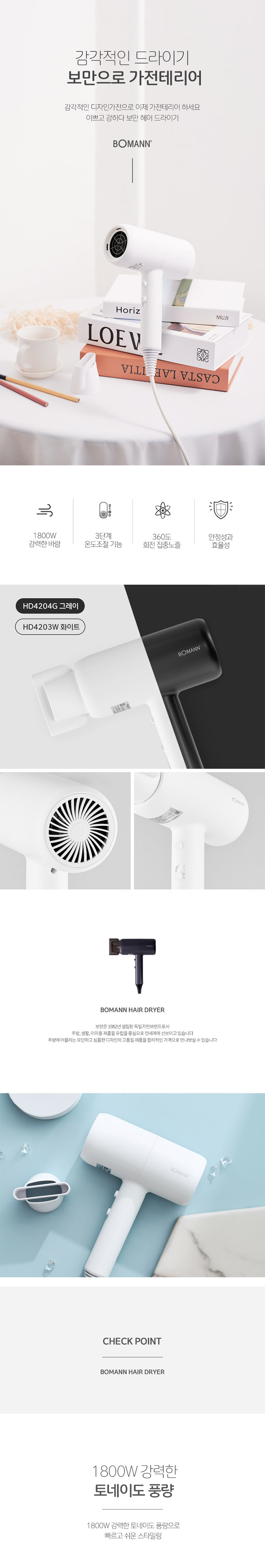 보만 1800W 전문가용 헤어드라이기 HD4204G/HD4203W 상세이미지