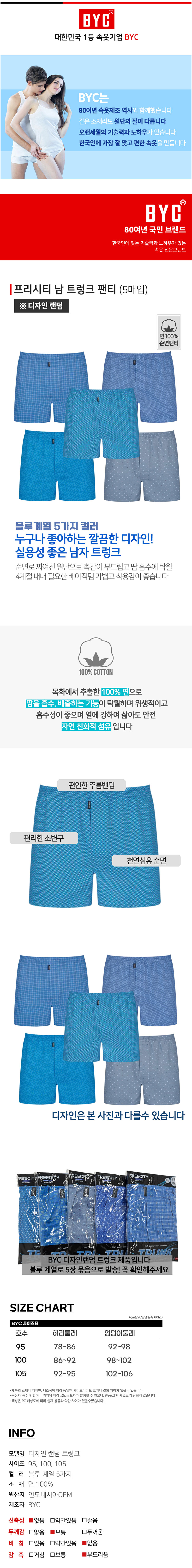 BYC 남성 프리시티 남트렁크 팬티 5종 1셋트(30수) MCG5014 상세이미지